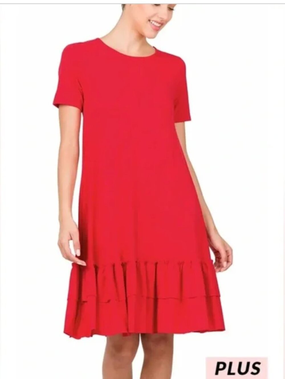NEW! Zenana Plus Short Sleeve Round Neck Ruffle Hem Dress Lavender 1X - Picture 8 of 9